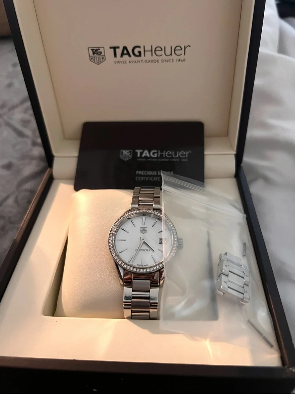 Tag Heuer Silver and White Diamond-Bezel Carrera Watch